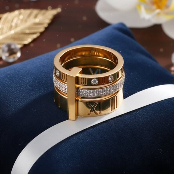 🆕️ Roman Numeral 3-in-1 Spinner Ring 18K Gold Plated Stainless Steel CZ Sz 7.5 - Picture 12 of 14